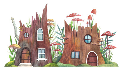 Fairy tale tree houses village illustration. Cute gnome fairy houses in a tree stump. Hand drawn watercolor fantasy forest cottage composition. Cartoon clip art for kids postcards, nursery design