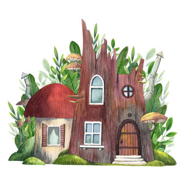 Fairy tale tree houses village illustration. Cute gnome fairy houses in a tree stump. Hand drawn watercolor fantasy forest cottage composition. Cartoon clip art for kids postcards, nursery design