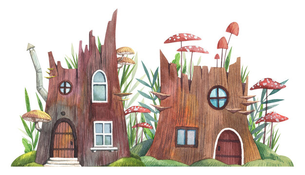 Fairy tale tree houses village illustration. Cute gnome fairy houses in a tree stump. Hand drawn watercolor fantasy forest cottage composition. Cartoon clip art for kids postcards, nursery design
