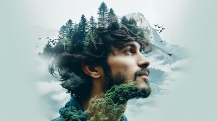 The double exposure combines a face, a forest, and flying birds. The concept of the unity of nature and man. The vitality of the human soul in nature illustration. Design for cover or interior design. - 749575560