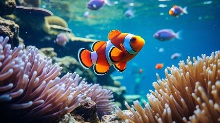Fototapeta na wymiar illustration of an underwater view of hunting clown fish among exotic coral reefs
