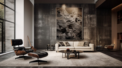 A chic living room with a textured wall finish, a large painting, and a black leather armchair 