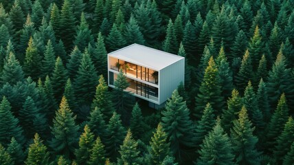 a modern white building nestled amidst a serene coniferous forest.