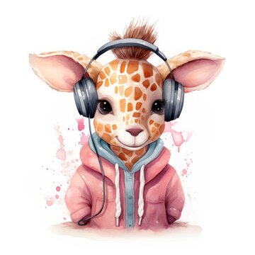 Cute smile Giraffe in a pink hipster jacket with Headphones on white background