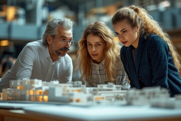 Fototapeta premium Diverse business people looking at architectural model and discussing work at office