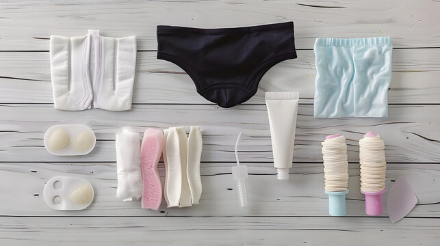 Different types of feminine menstrual hygiene materials products such as pads cloths tampons and cups with underpants. White wooden background