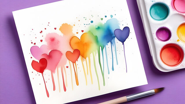 watercolor painted rainbow colors hearts, generative ai