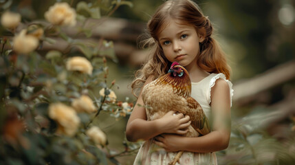 A Girl holding chicken in garden. Little girl with chicken.
