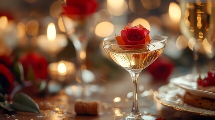 Elegant Wine Glass With Rose Close Up