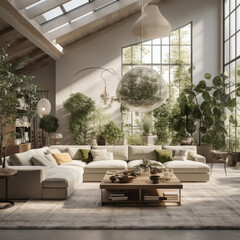 A chic living room with a comfortable sectional sofa, a unique lighting fixture, and a variety of greenery accents