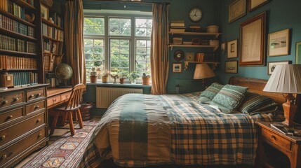 Obraz na płótnie Canvas Modern Bedroom With Bed, Desk, and Window