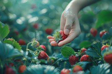 Freshly picked red strawberry in a woman's hand. Strawberry in hand with drops of water. - Powered by Adobe