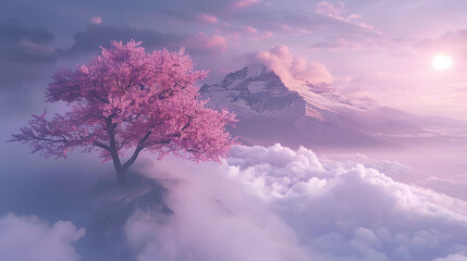 A purple mountain to down view in clouds and purple tree. Purple background.