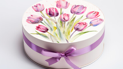 Gift box with watercolor tulips on it. Gift adorned with a ribbon. Perfect for Woman's Day, Mother’s Day, birthday card.