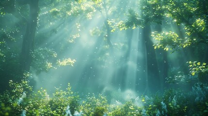 Sunlight filters through forest trees in a temperate broadleaf and mixed forest - obrazy, fototapety, plakaty