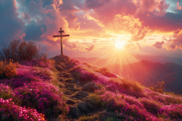 Cross on a Hill at Sunrise Surrounded by Pink Flowers and Distant Mountains