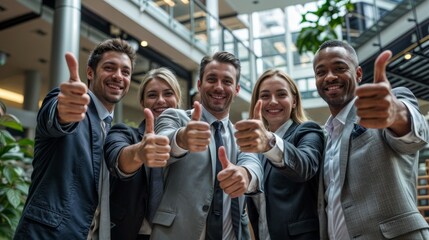 Collective Victory: Coworkers Show Thumbs Up in Modern Office Setting, Demonstrating Success and Teamwork