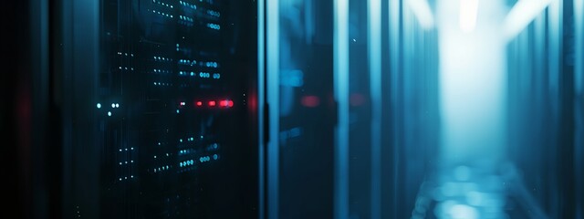 a server room with red lights and a long hallway