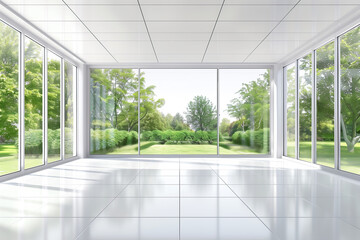 Bright office corner with panoramic windows showcasing a lush garden view