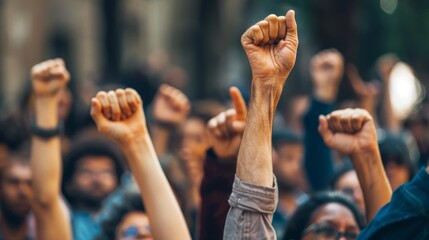 Voice of the People: Group Demonstrates Protest with Raised Fists - obrazy, fototapety, plakaty