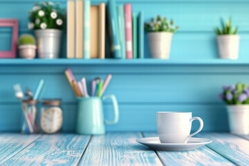 Vibrant home office shelf with coffee mug and stationery - obrazy, fototapety, plakaty