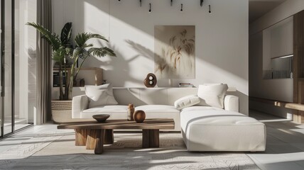 Fototapeta na wymiar a modern living room adorned with elegant white furniture, inspired by the serene beauty of Dutch landscapes, exuding a luxurious ambiance.