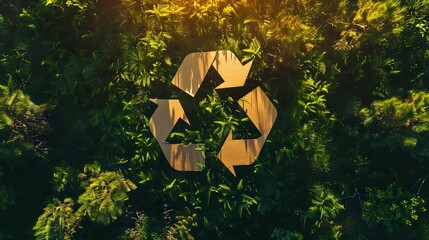 An enchanting top-down view of lush green grass serving as a backdrop, with a recycling symbol delicately cut out of kraft paper placed at the center