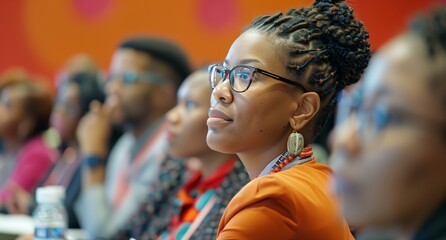 a group of people sitting in a row