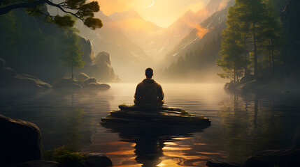 A Serene Image of Mindfulness and Meditation in Nature. Generative AI - obrazy, fototapety, plakaty