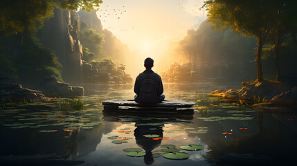 A Serene Image of Mindfulness and Meditation in Nature. Generative AI