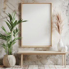A white framed mirror with a potted plant in front of it. The room has a minimalist and modern feel