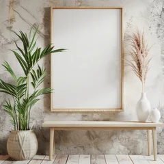 Zelfklevend Fotobehang A white framed mirror with a potted plant in front of it. The room has a minimalist and modern feel © mariodelavega