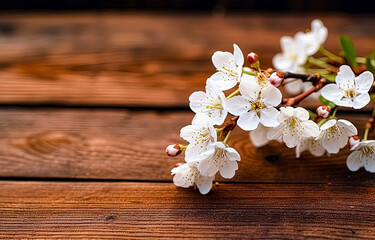 Obraz na płótnie Canvas Cherry blossoms on rustic wooden background with copy space. Selective focus.