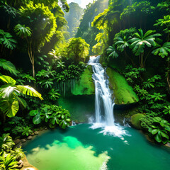 A lush green forest with a cascading waterfall flowing over rocks into a clear pool