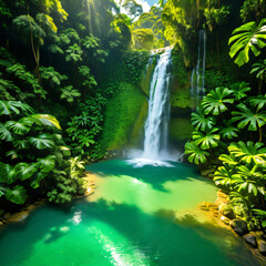 Lush green rainforest waterfall cascades down moss-covered rocks into a clear pool