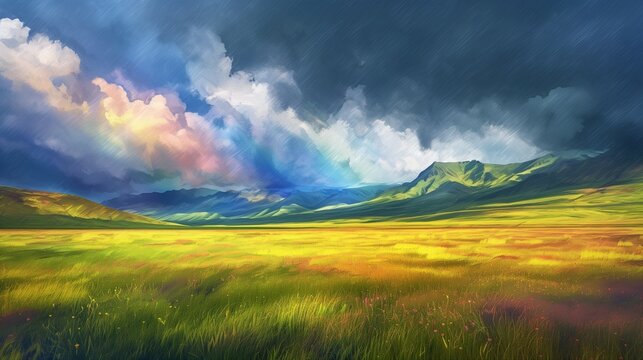 Rainbow and storm clouds in the springtime over grassy fields