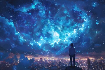 A boy stands looking up at the night sky - obrazy, fototapety, plakaty
