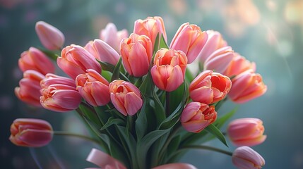 Fototapeta premium Bouquet of pink tulips on a green background. Spring flowers.AI.