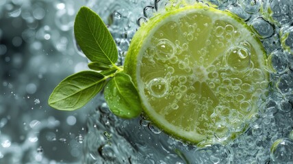 a fresh lime slice and a sprig of green herb nestled amidst vigorously bubbling water, evoking a feeling of freshness and vitality.