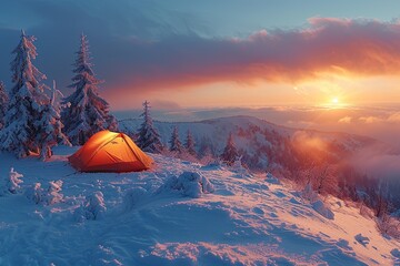 A tent is set up on a snowy mountain top at sunset - obrazy, fototapety, plakaty