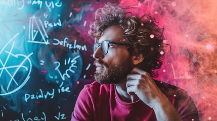 A scientist (physicist, chemist, mathematician) in glasses ponders a matrix of luminous formulas and models. A man solves some scientific problem. Illustration for a variety of design. - obrazy, fototapety, plakaty