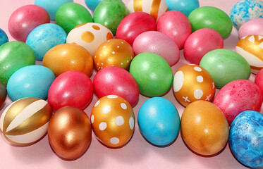 Happy Easter concept, spring card, background or banner for screen, Decorated Easter eggs, simple idea for coloring eggs at home, template for design.