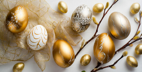Gold and silver easter eggs, Beautiful easter background with painted golden decoration on easter eggs on white table.