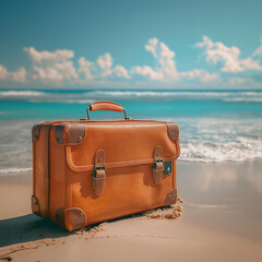 Illustration of an antique suitcase rests on the golden sand of the beach, evoking a strong appeal to the concept of travel and adventure. Scenario invites imagination and the desire to explore new ho