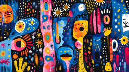 Expressive abstract brushstrokes and playful patterns in vibrant colors.