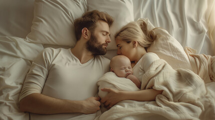 Fototapeta na wymiar Parents asleep with newborn between them in bed.