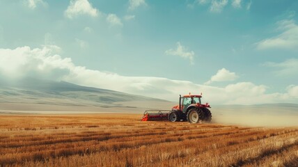 Fototapeta premium a farmer navigates his tractor across a vast field, operating a large harvesting machine to gather crops under the expansive sky.