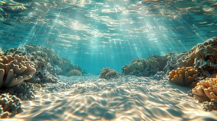Naklejka na ściany i meble Crystal-clear water texture revealing shimmering depths and hidden underwater treasures.