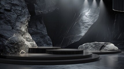 A sleek and minimalist mockup featuring a black, dark, and gray geometric stone and rock shape background, serving as a textured platform for display showcase podiums