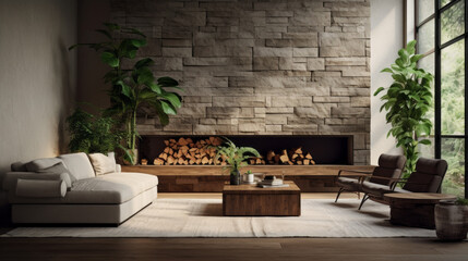A chic living room with a stone wall, green plants, and ample natural light